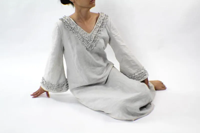 Long Ruffled Linen Night Dress