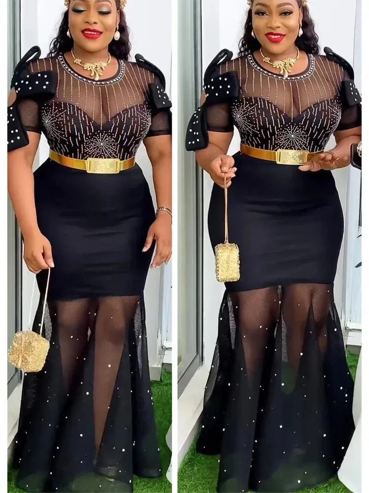 Luxurious African Inspired Wedding Party Dresses: Diamond-Adorned Bodycon Maxi Robes for Elegant Womens Dress