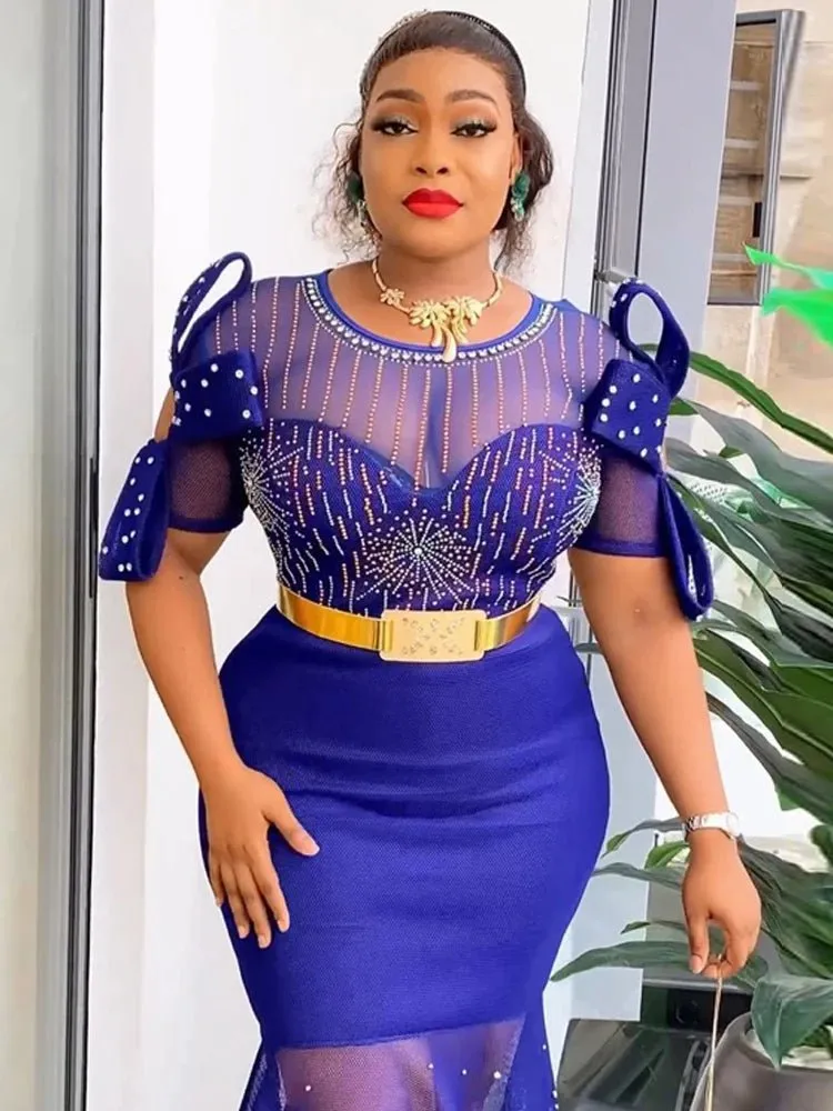 Luxurious African Inspired Wedding Party Dresses: Diamond-Adorned Bodycon Maxi Robes for Elegant Womens Dress