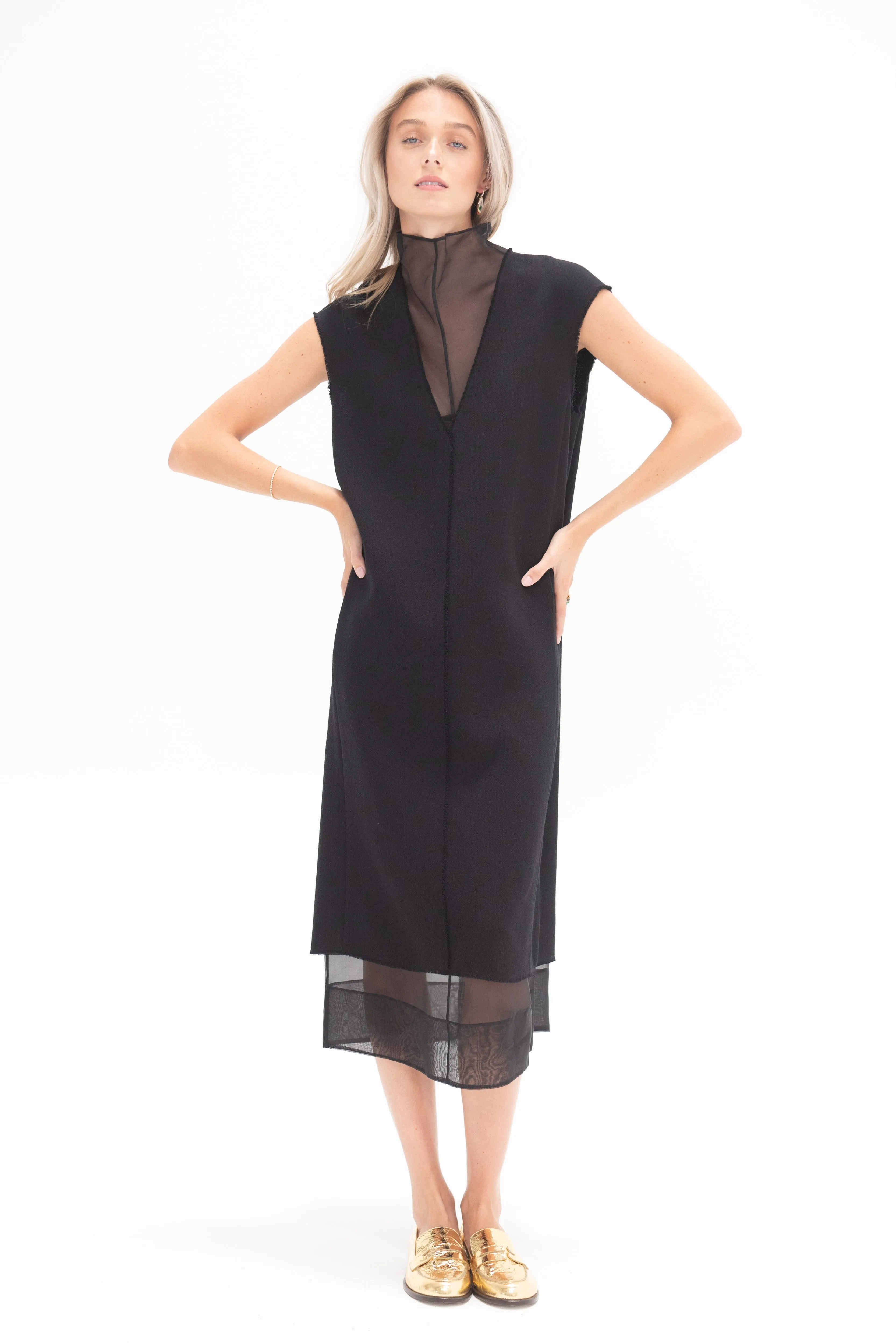 Melee Crepe V-Neck Dress With Organza Lining, Black