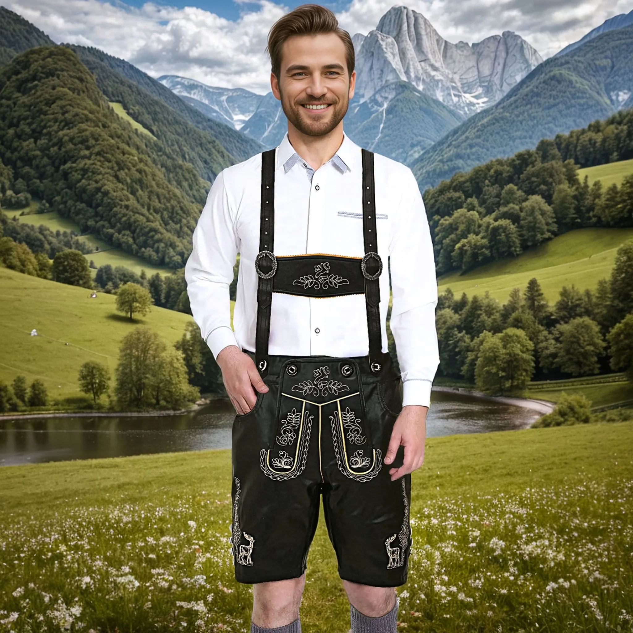 Men's Oktoberfest outfit Authentic Leather Short Black Lederhosen "Albert"