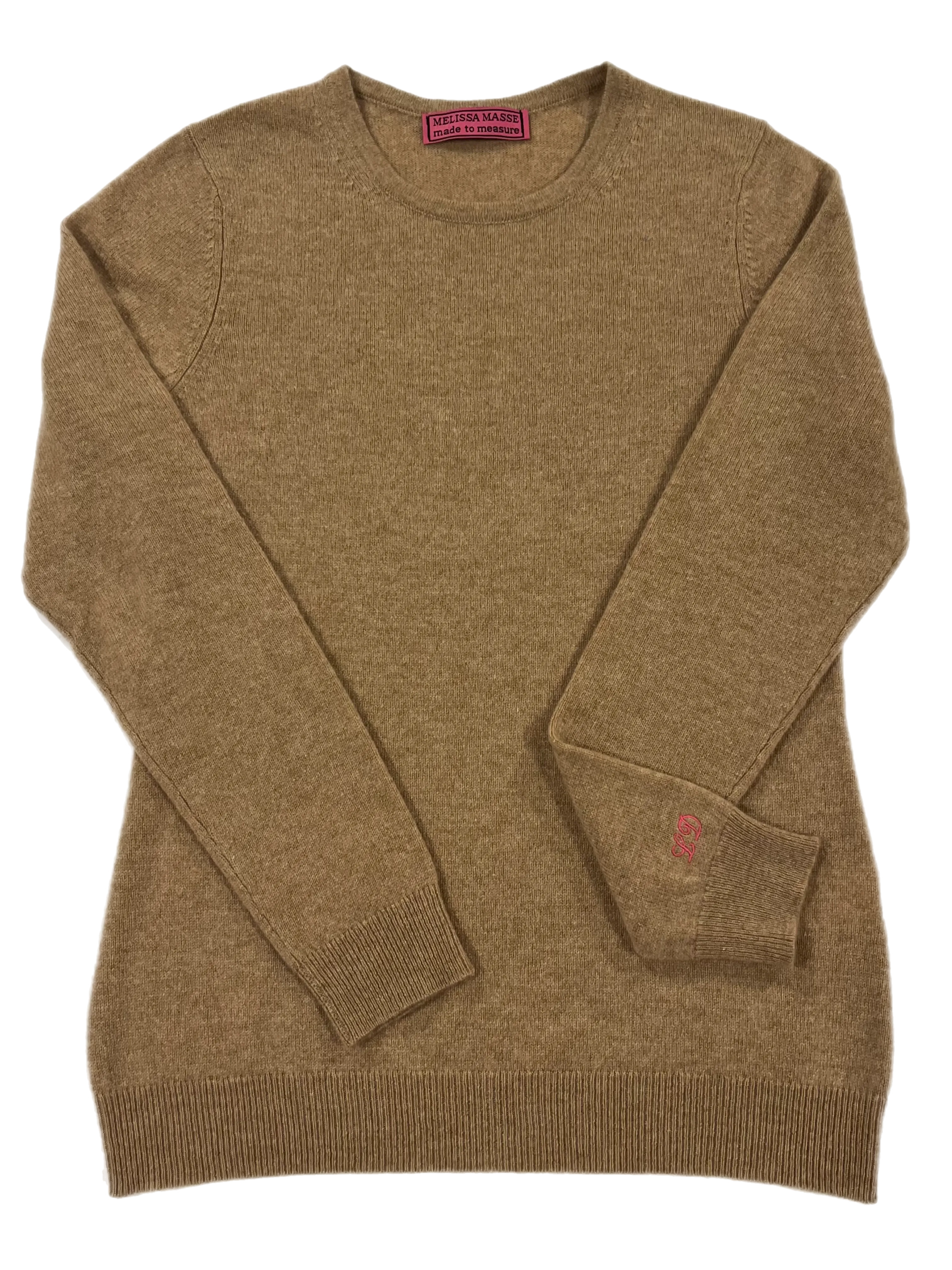Our classic crew neck cashmere sweater *available in Black, H. Grey, Light blue, Terra cotta and Navy. Monogram Optional.