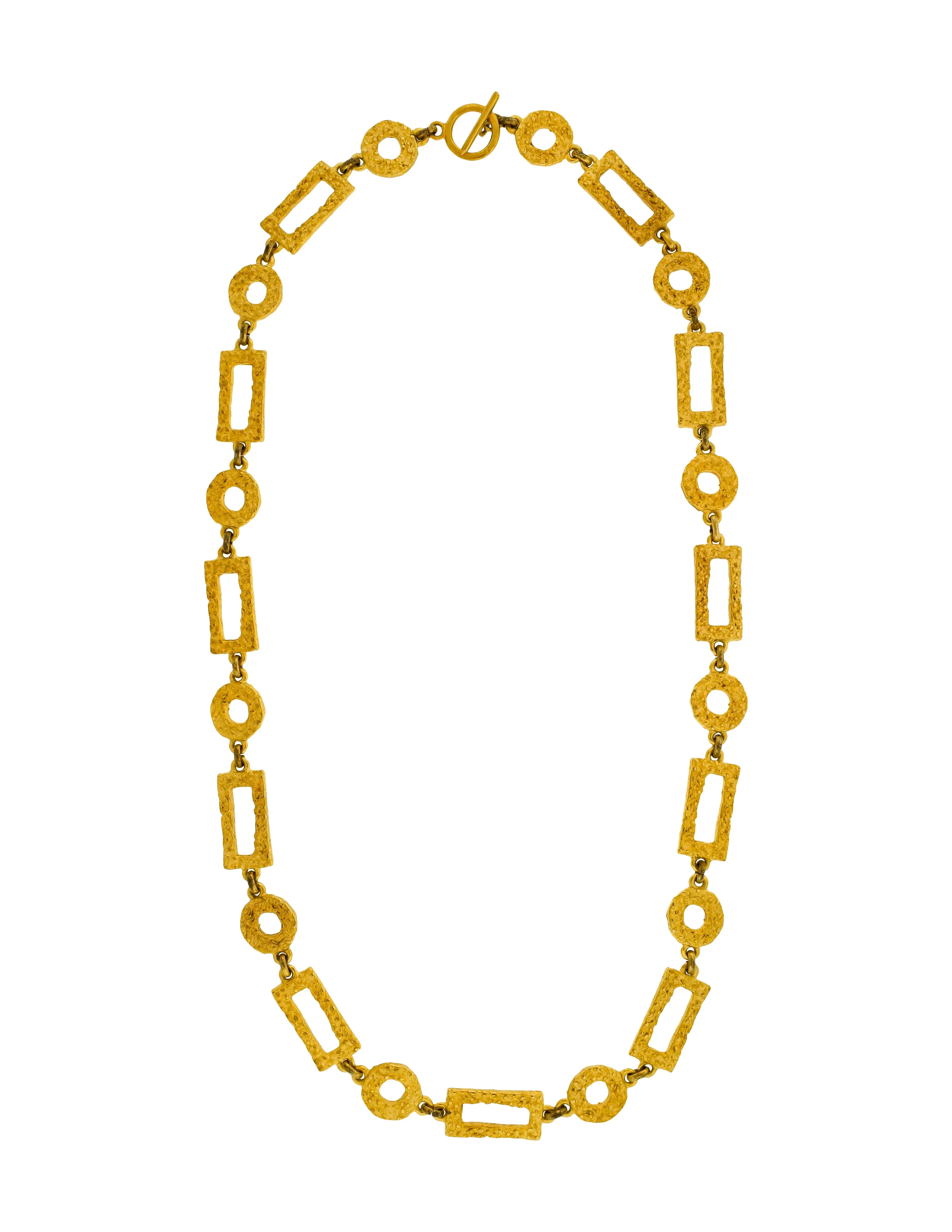 Pierre Cardin Vintage 1970s Artisanal Brushed Gold Textured Geometric Chain Necklace