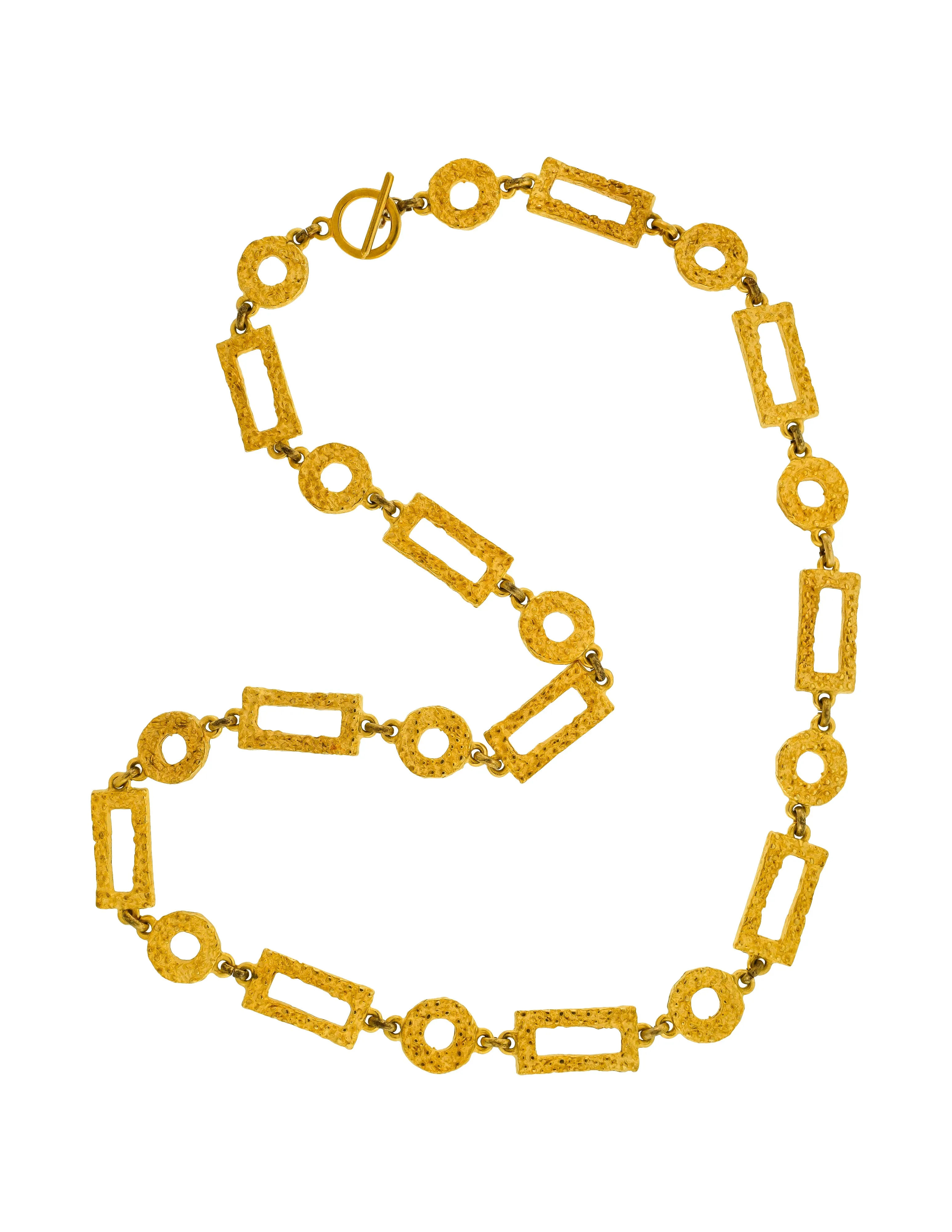 Pierre Cardin Vintage 1970s Artisanal Brushed Gold Textured Geometric Chain Necklace