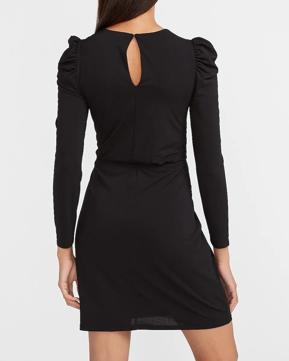 Puff Sleeve Wrap Front Sheath Dress in Pitch Black