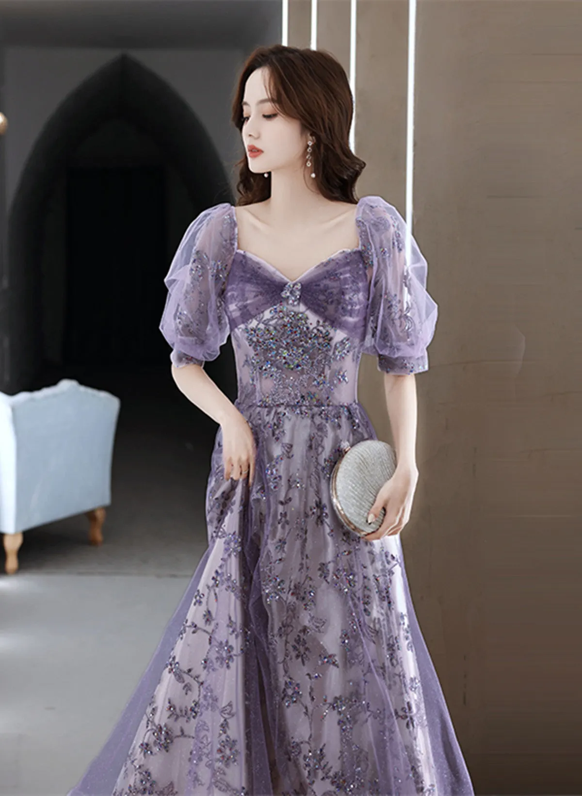 Purple A-line Tulle Long Party Dress, Purple Lace Short Sleeves Formal Dress