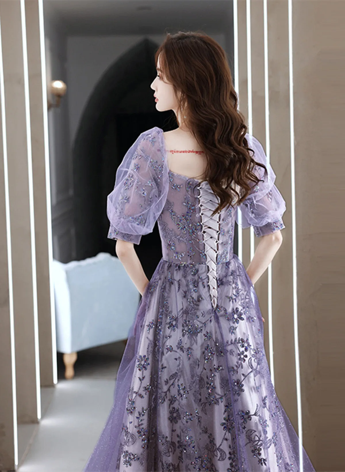 Purple A-line Tulle Long Party Dress, Purple Lace Short Sleeves Formal Dress