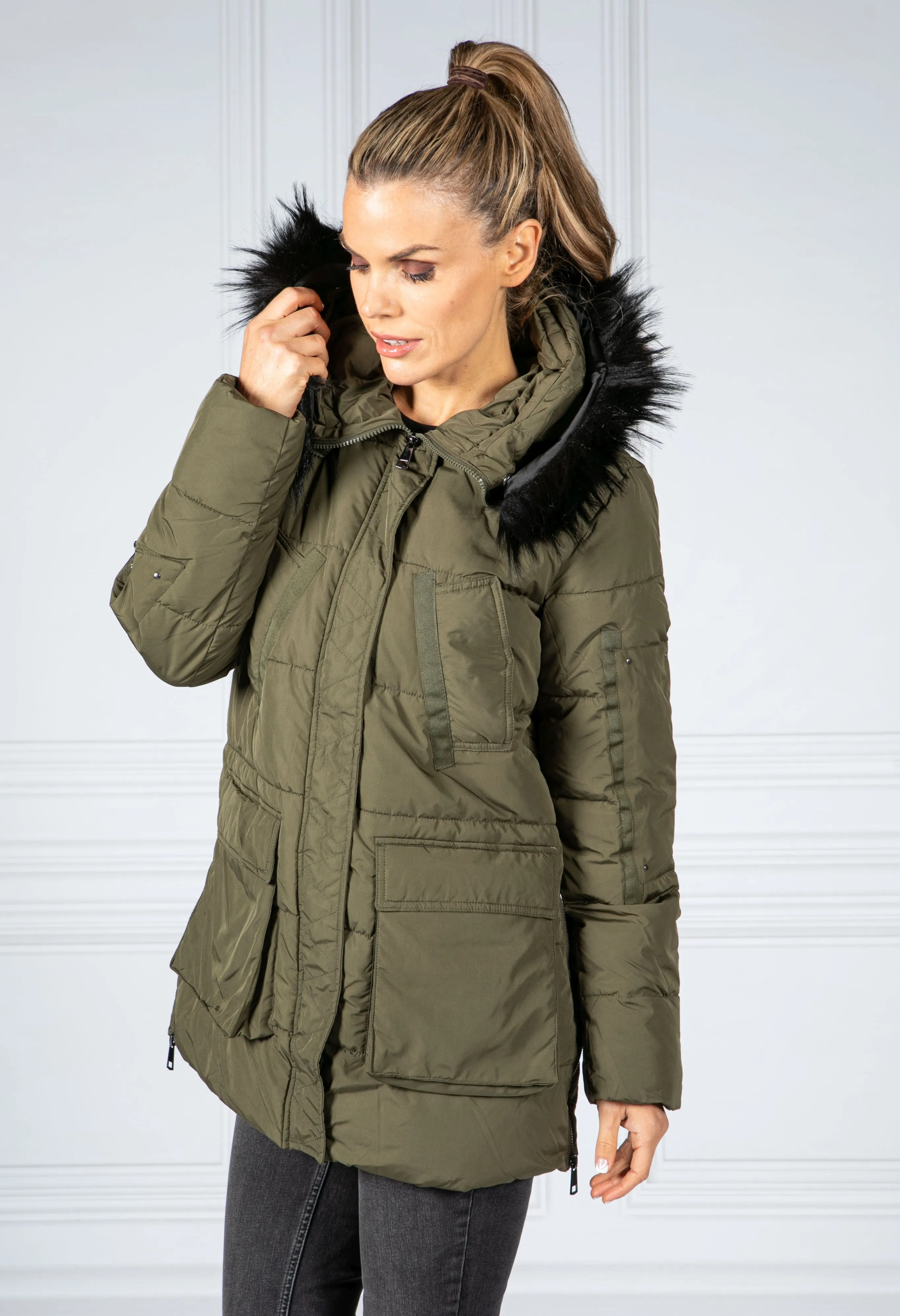 Quilted Parka With Detachable Faux Fur Hood in Khaki