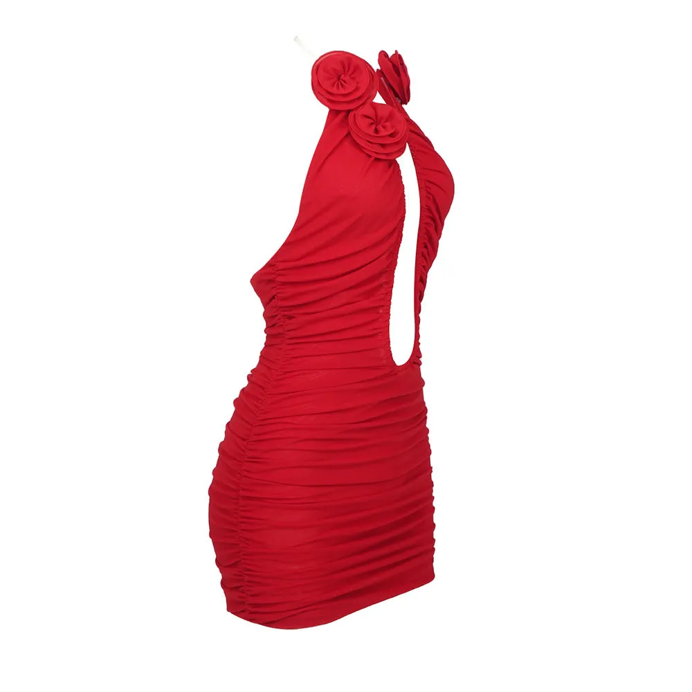 Red Floral 3D Cutout Strapless Bodycon Dress with Pleated Mesh Detail