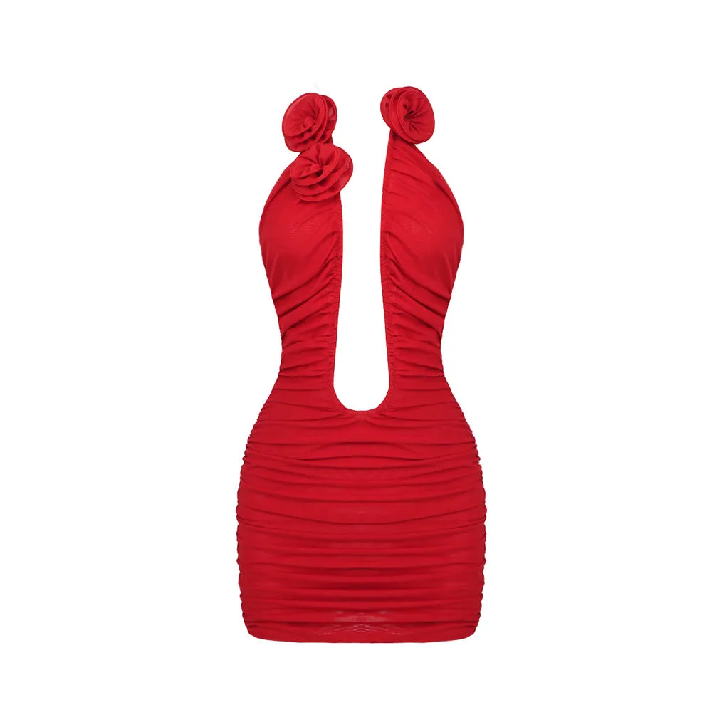 Red Floral 3D Cutout Strapless Bodycon Dress with Pleated Mesh Detail