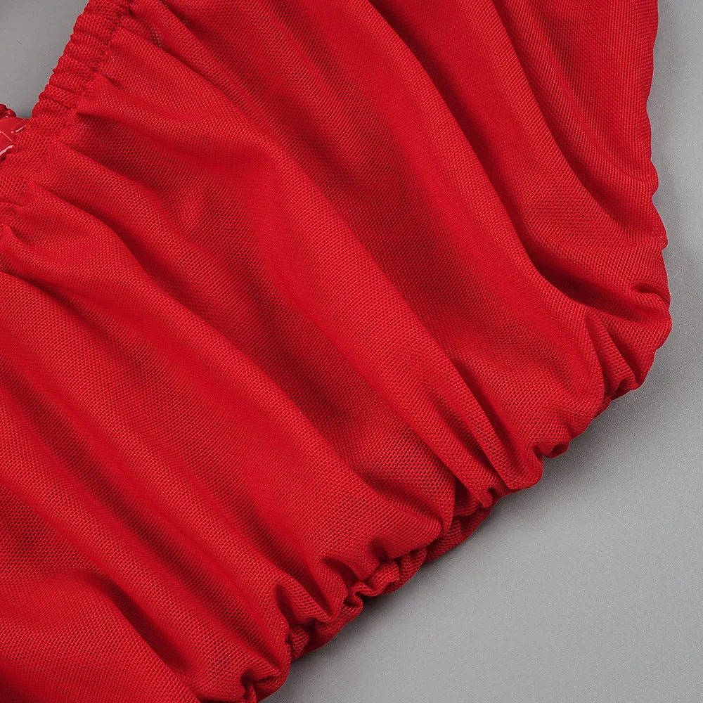 Red Floral 3D Cutout Strapless Bodycon Dress with Pleated Mesh Detail