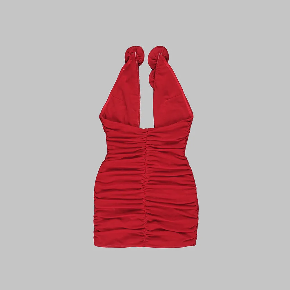 Red Floral 3D Cutout Strapless Bodycon Dress with Pleated Mesh Detail