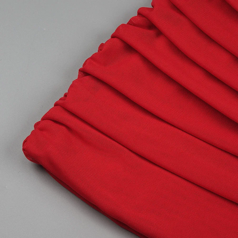 Red Floral 3D Cutout Strapless Bodycon Dress with Pleated Mesh Detail