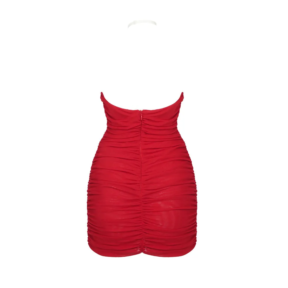 Red Floral 3D Cutout Strapless Bodycon Dress with Pleated Mesh Detail