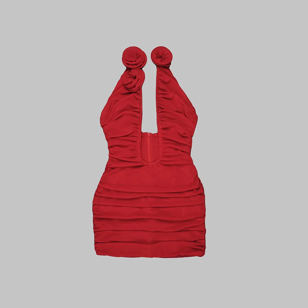 Red Floral 3D Cutout Strapless Bodycon Dress with Pleated Mesh Detail