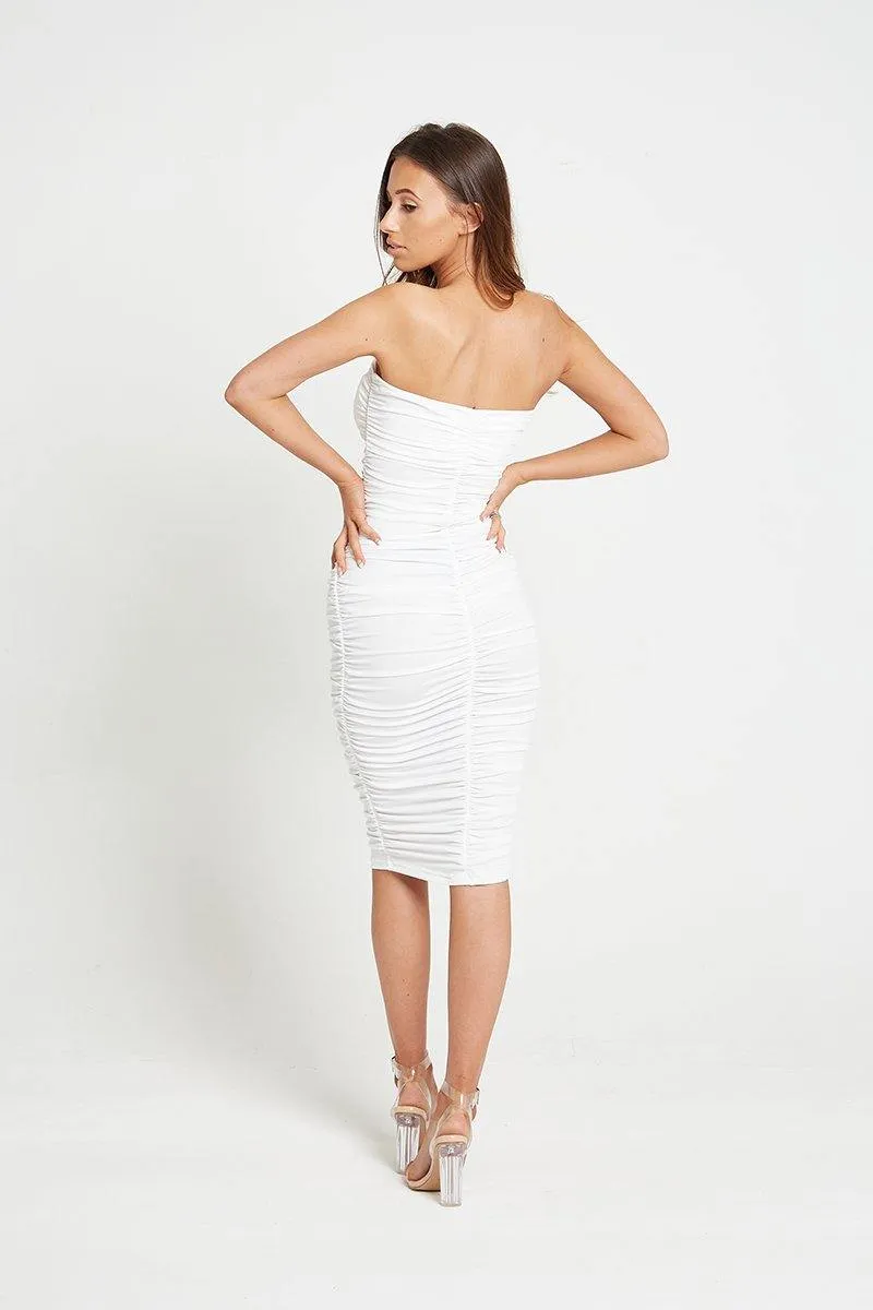 Ruched Front Midi Dress in White