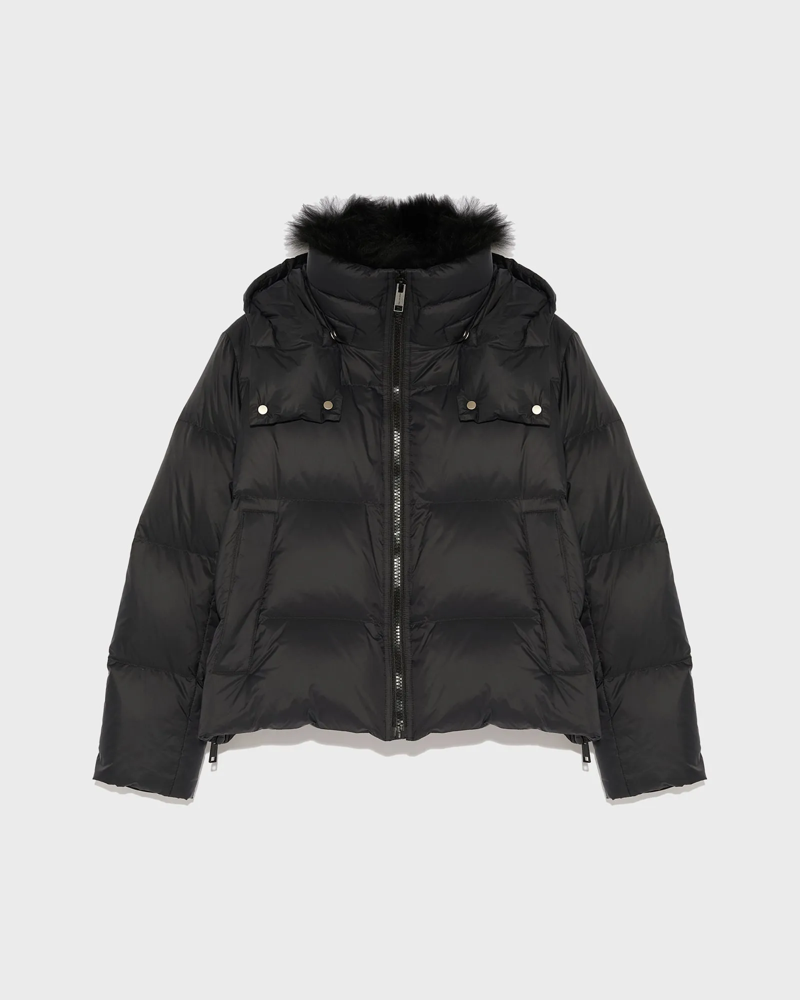 Short "A" line down jacket in water-repellent technical fabric with fluffy lambswool collar