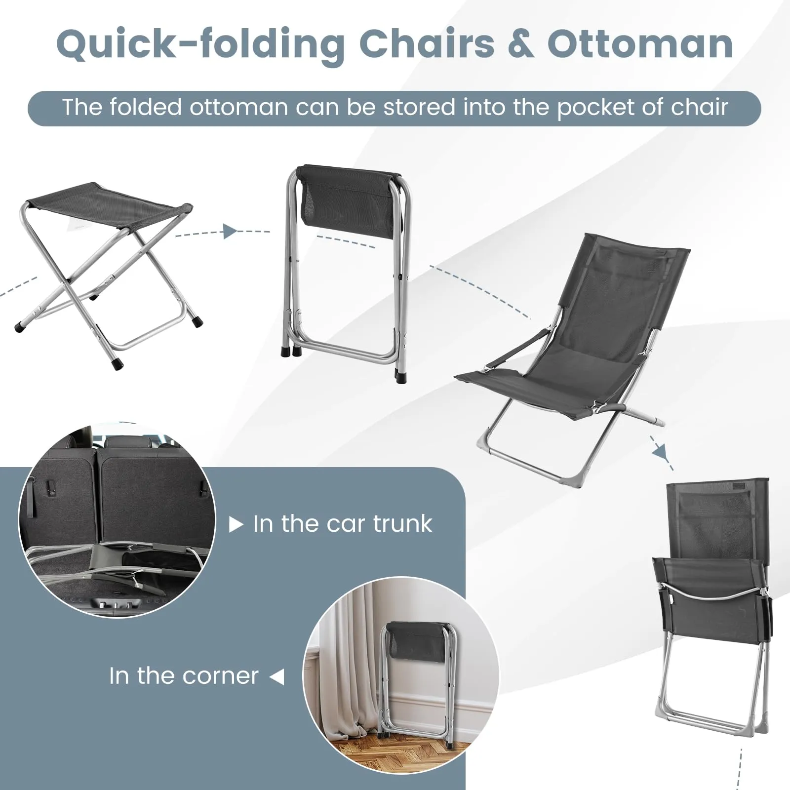 Tangkula 5 Piece Patio Sling Chair Set, Folding Beach Lawn Chairs with Ottoman & Coffee Table