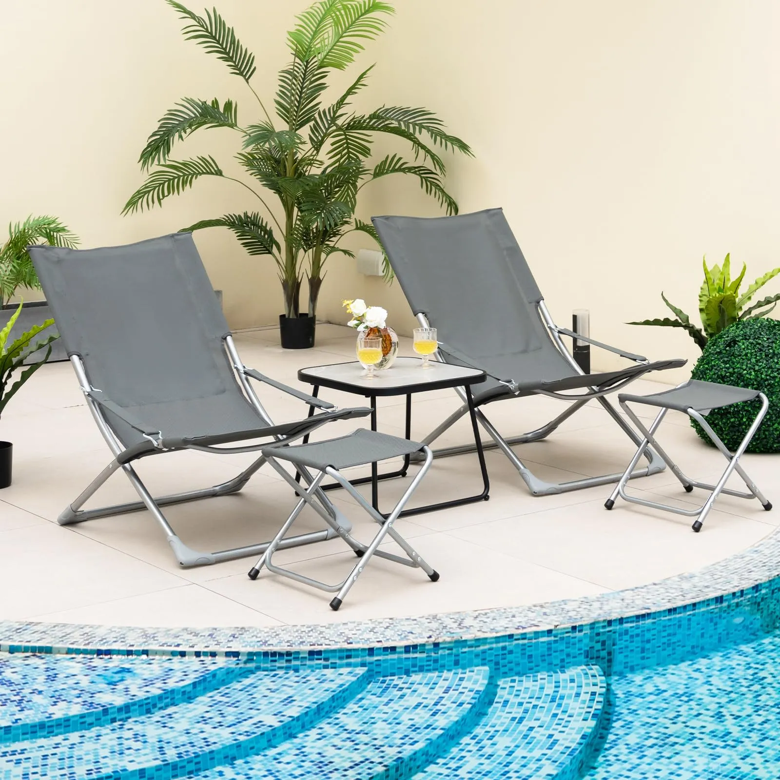 Tangkula 5 Piece Patio Sling Chair Set, Folding Beach Lawn Chairs with Ottoman & Coffee Table