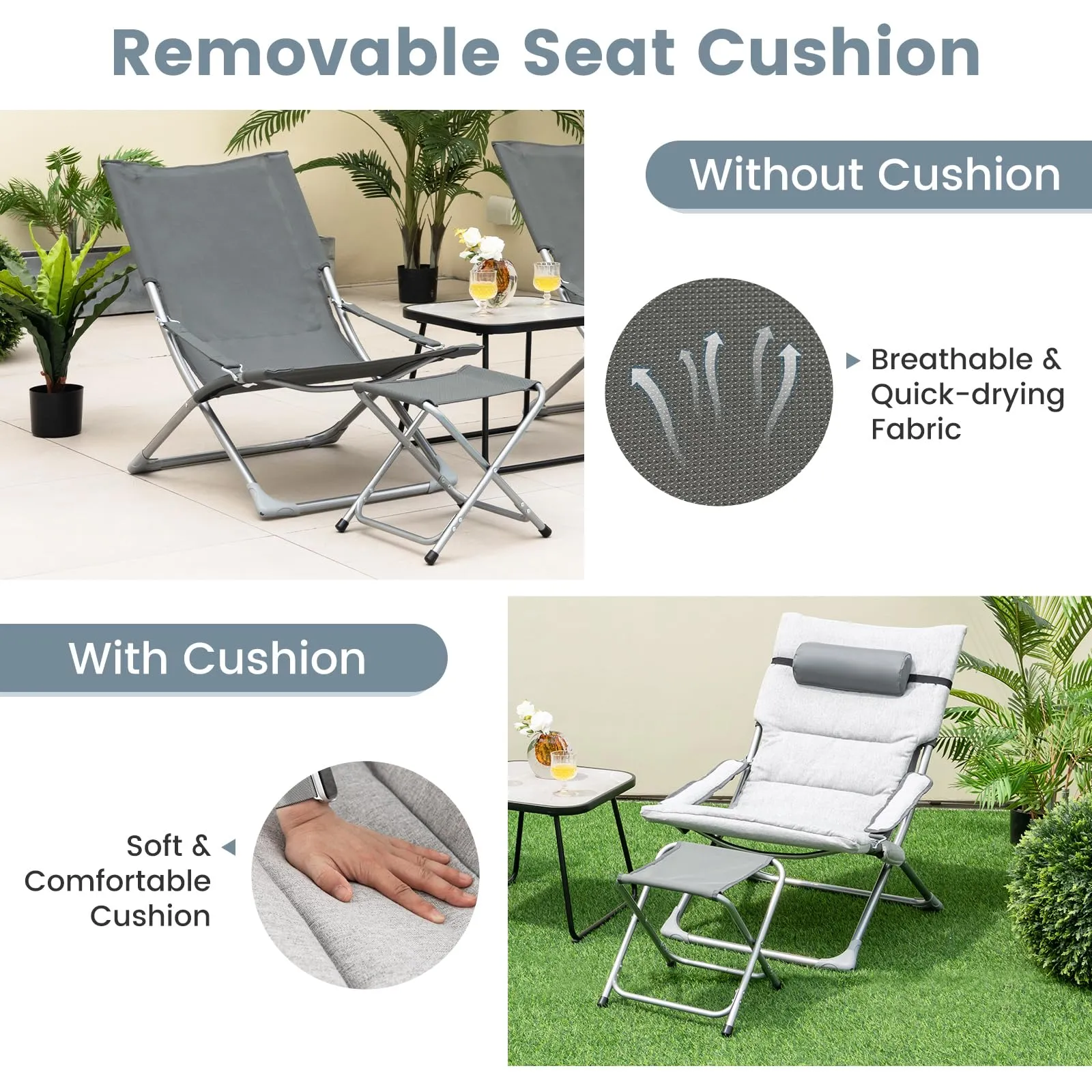 Tangkula 5 Piece Patio Sling Chair Set, Folding Beach Lawn Chairs with Ottoman & Coffee Table