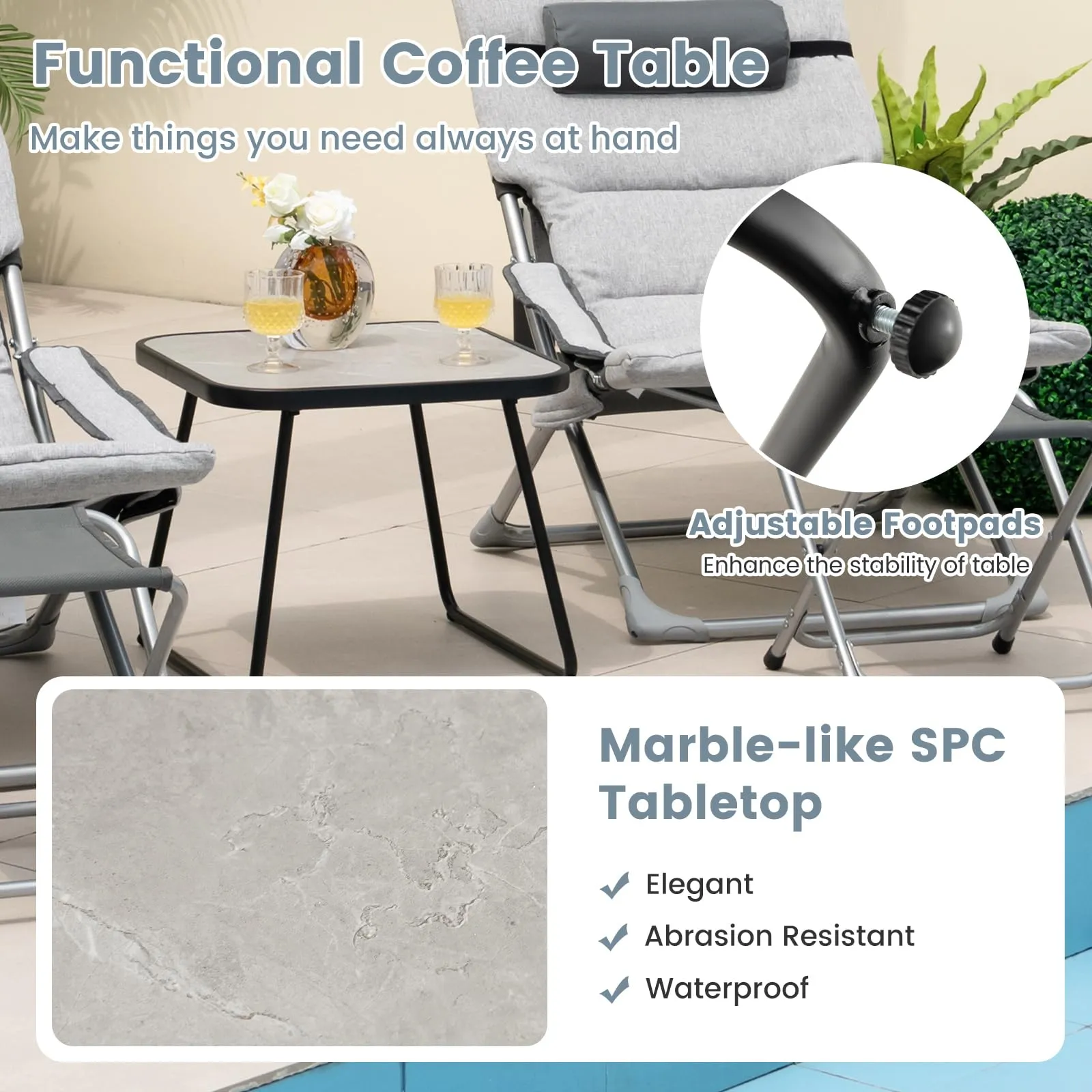 Tangkula 5 Piece Patio Sling Chair Set, Folding Beach Lawn Chairs with Ottoman & Coffee Table