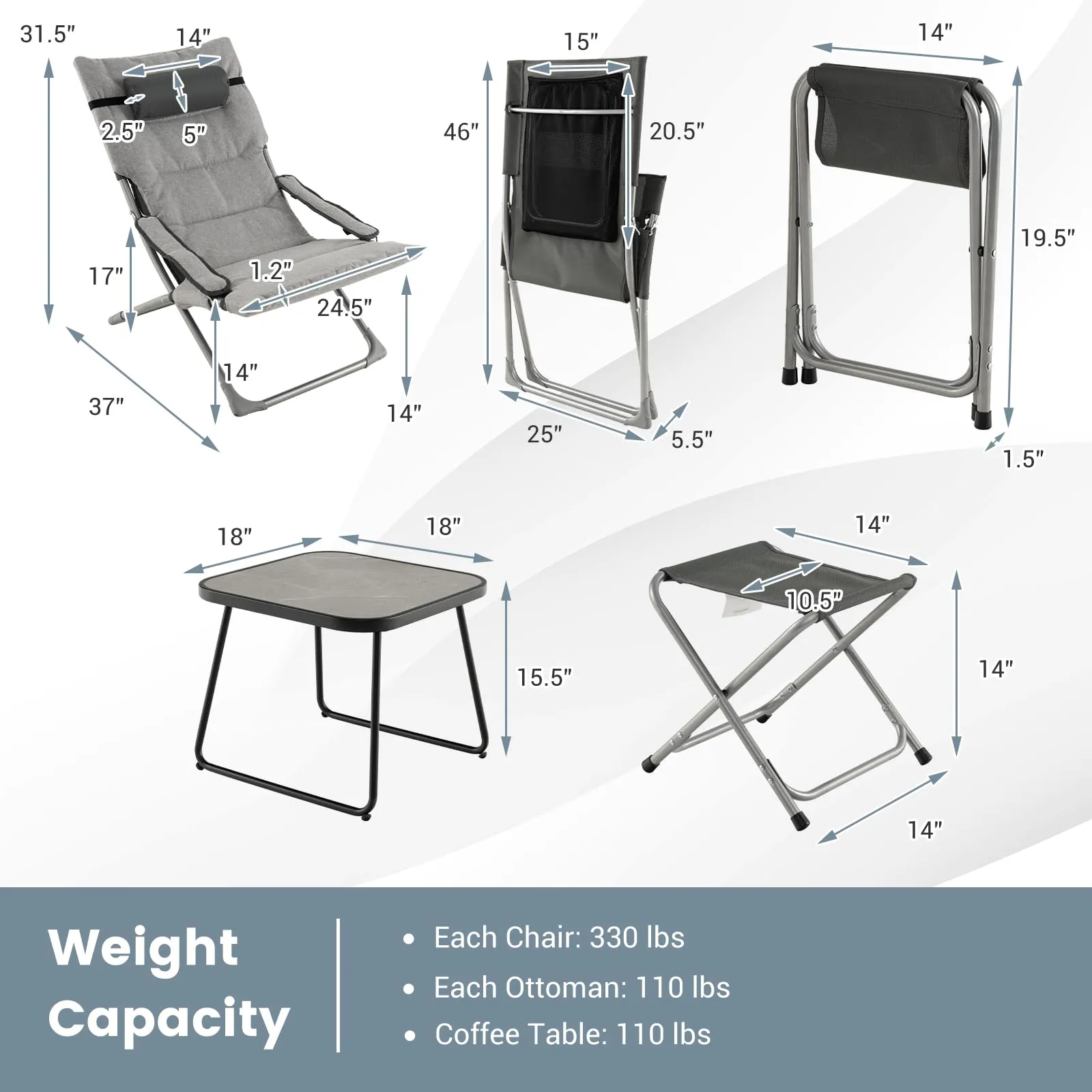 Tangkula 5 Piece Patio Sling Chair Set, Folding Beach Lawn Chairs with Ottoman & Coffee Table