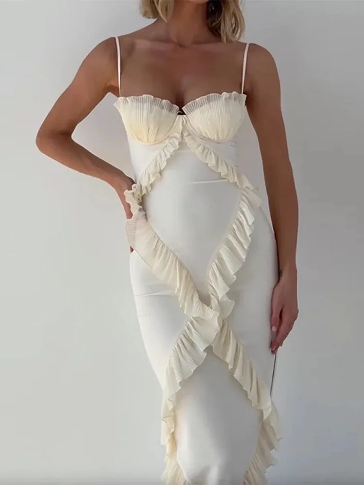 TAVIMART  -  Women Elegant Ruffle Patchwork Sling Maxi Dress Fashion Backless Sleeveless Split Bodycon Dresses 2024 Lady Party Evening Robes