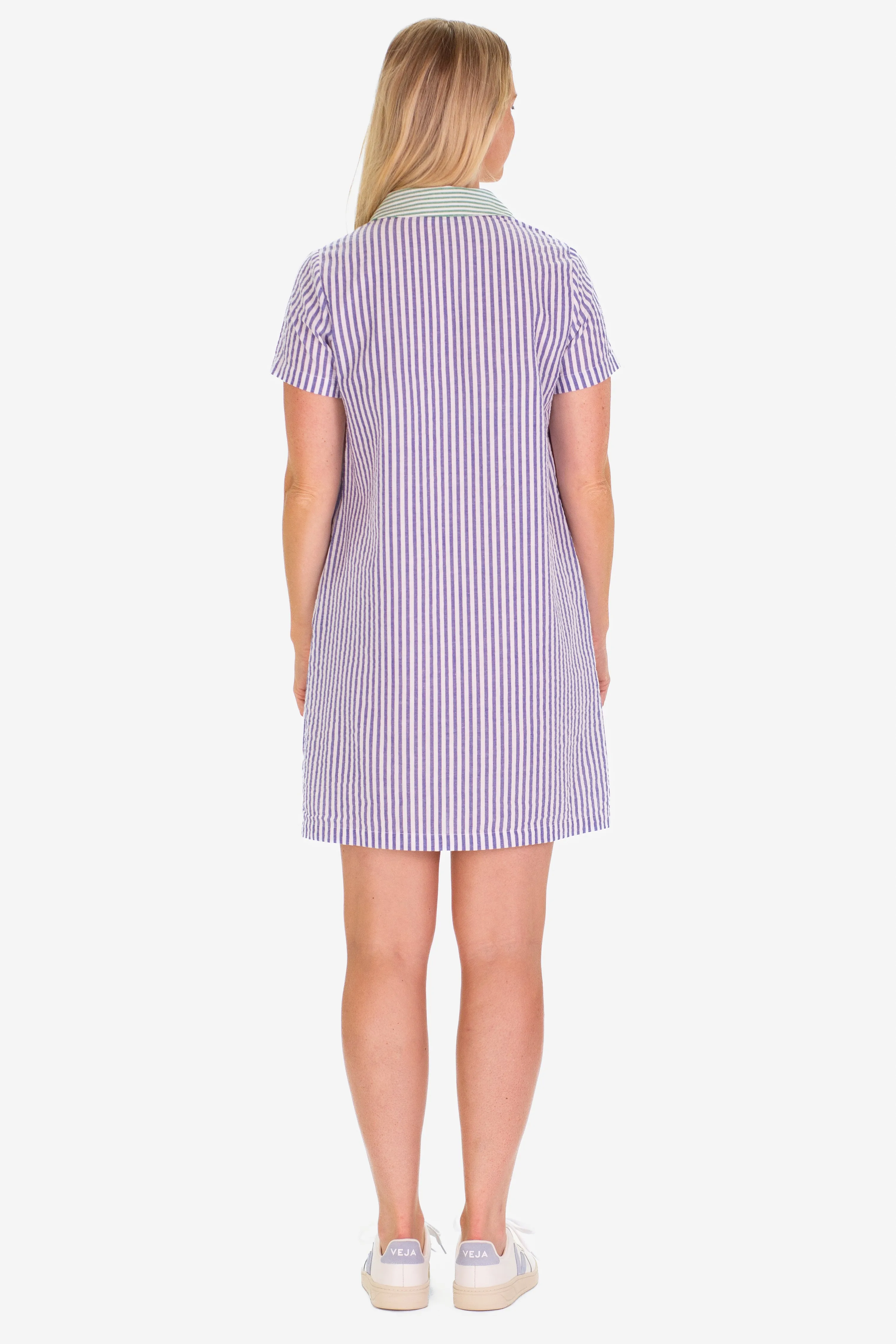 The Asher Dress in Awning Blue Seersucker