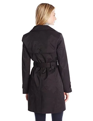 Tommy Hilfiger Women's Double Breasted Trench Coat with Striped Belt, Black, Small
