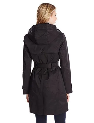 Tommy Hilfiger Women's Double Breasted Trench Coat with Striped Belt, Black, Small