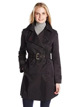 Tommy Hilfiger Women's Double Breasted Trench Coat with Striped Belt, Black, Small