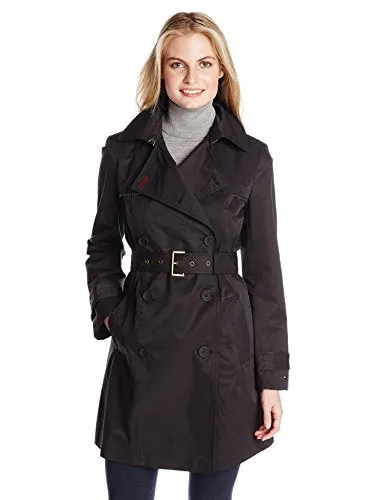 Tommy Hilfiger Women's Double Breasted Trench Coat with Striped Belt, Black, Small