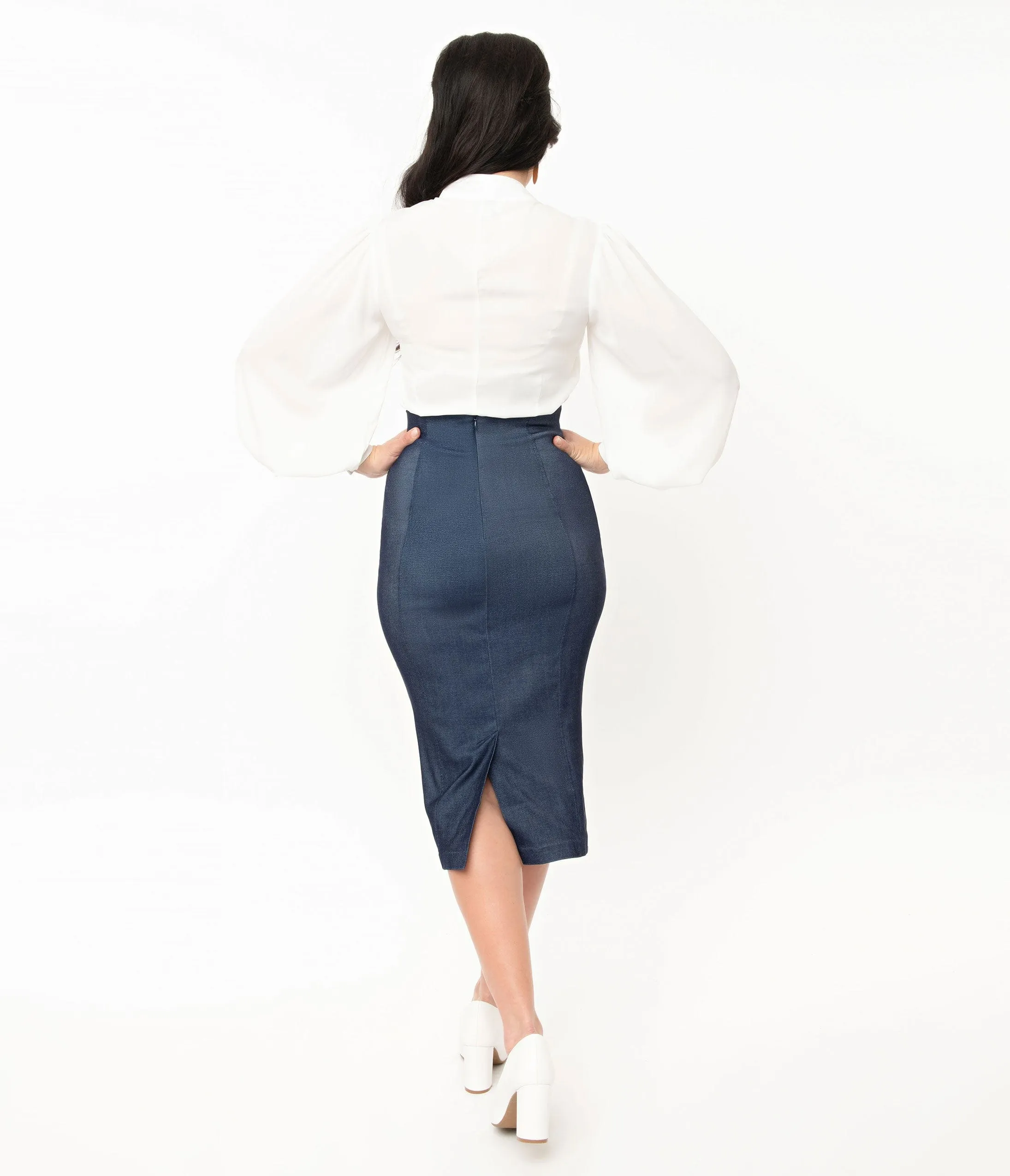 Unique Vintage Denim Blue Sailor High Waist Sierra Pencil Skirt