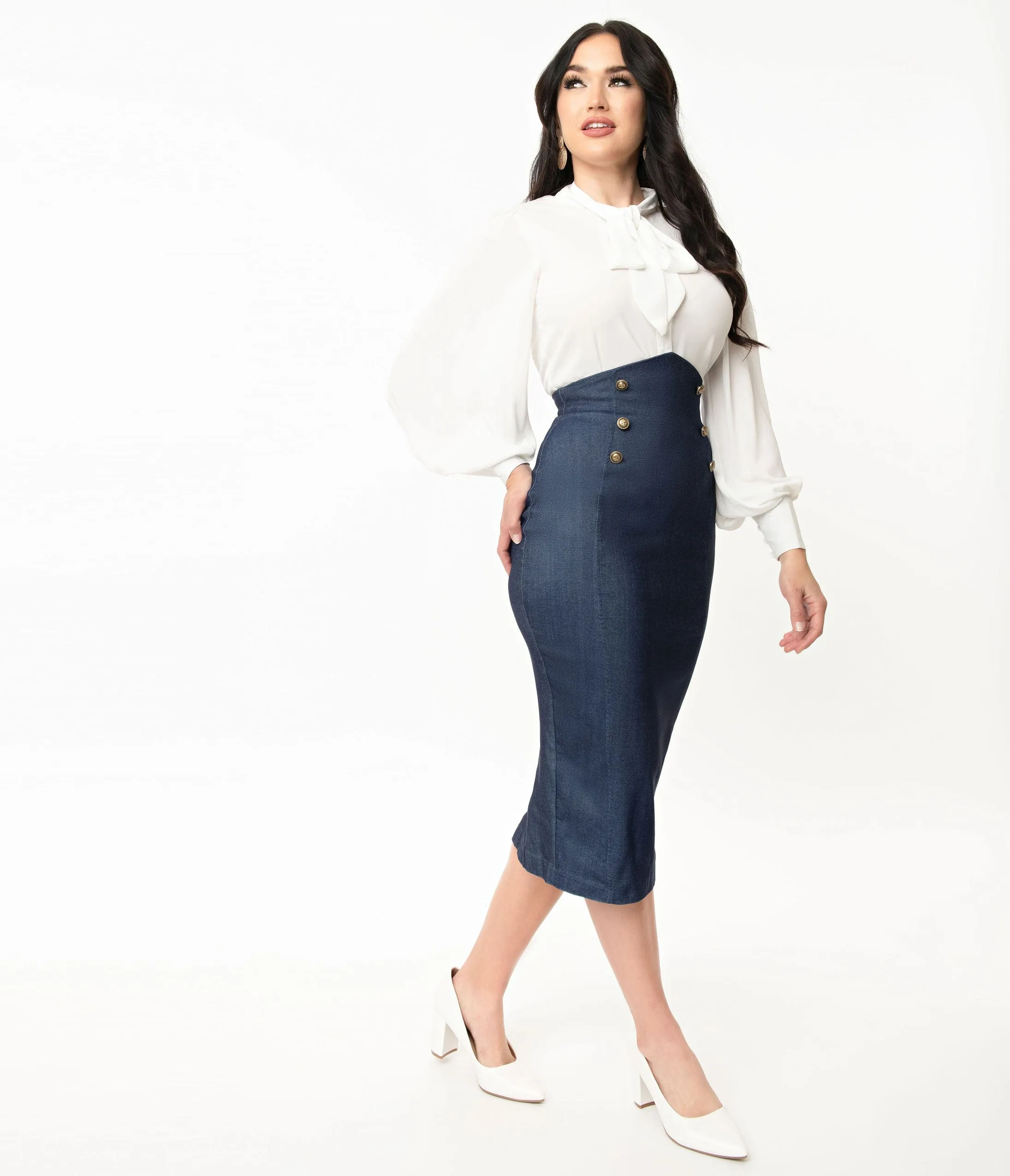 Unique Vintage Denim Blue Sailor High Waist Sierra Pencil Skirt