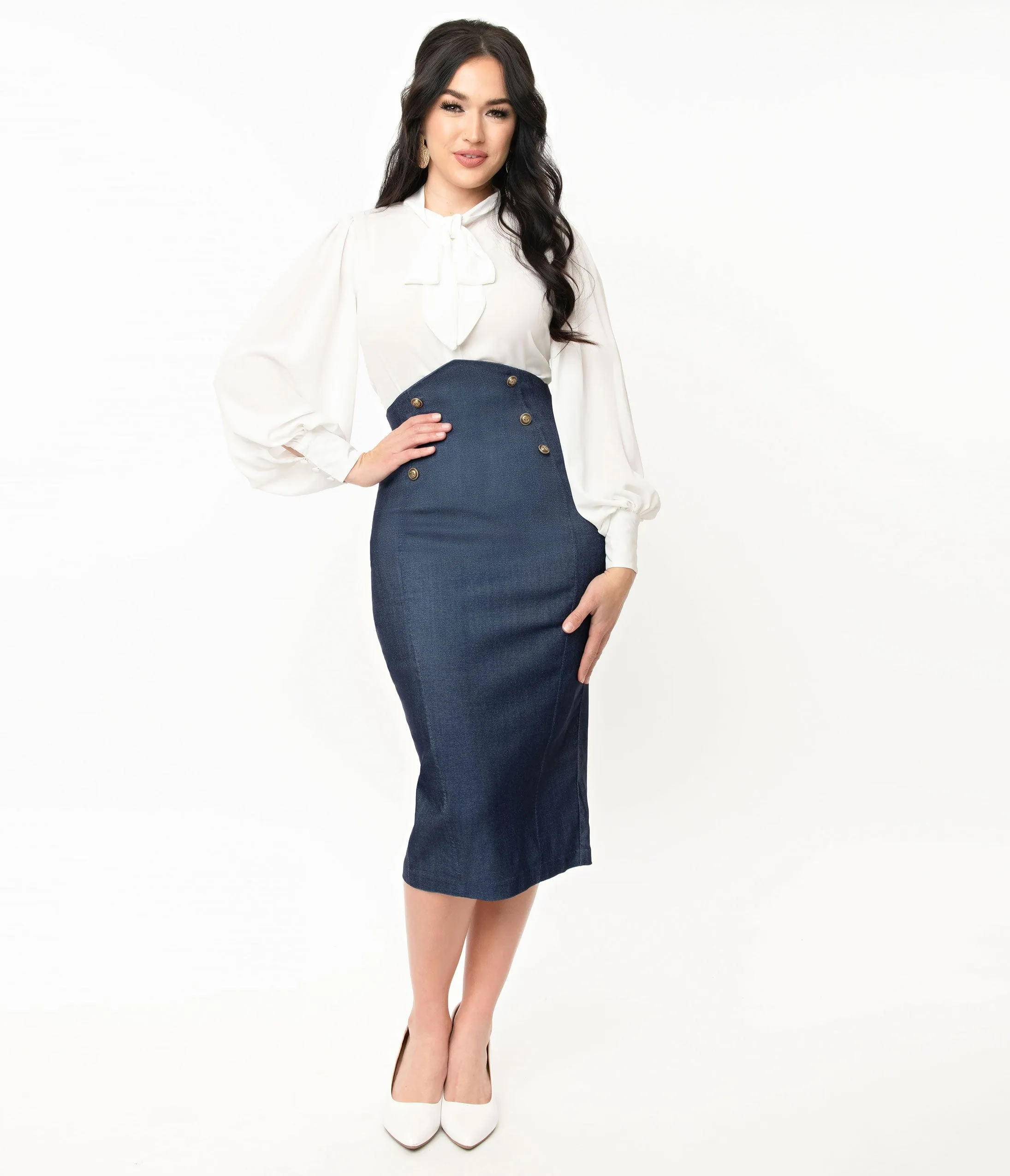 Unique Vintage Denim Blue Sailor High Waist Sierra Pencil Skirt