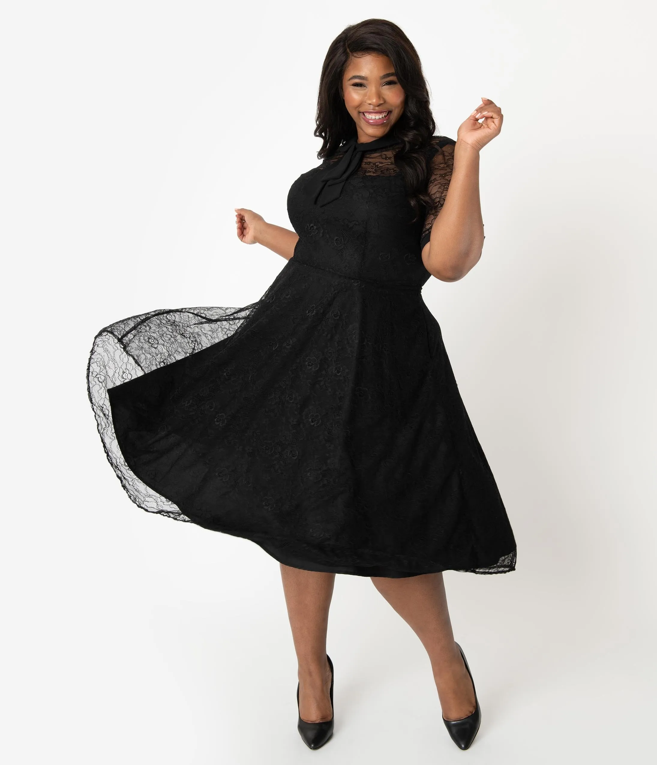 Unique Vintage Plus Size 1950s Black Lace Sleeved Patti Swing Dress