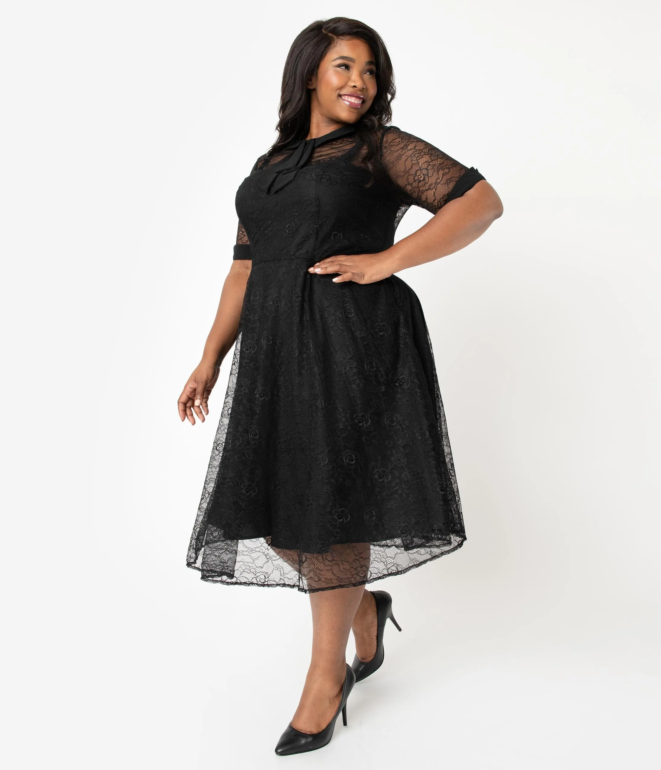 Unique Vintage Plus Size 1950s Black Lace Sleeved Patti Swing Dress