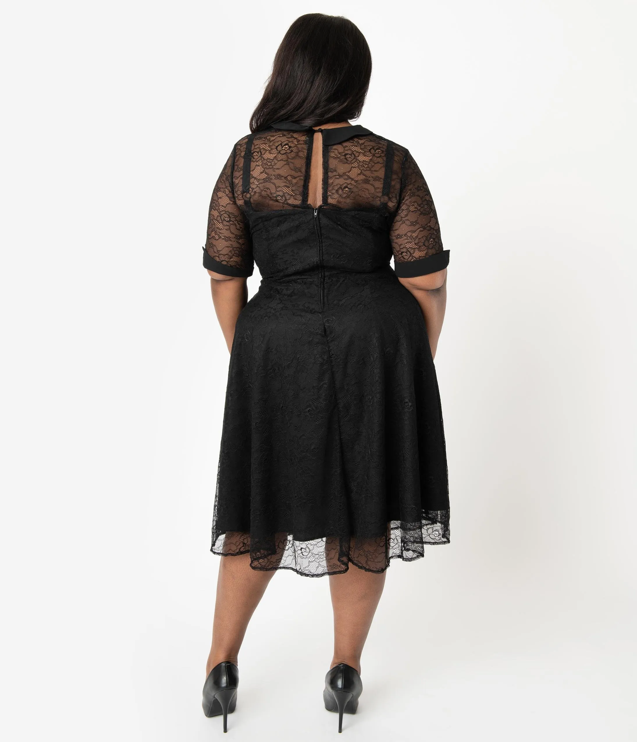 Unique Vintage Plus Size 1950s Black Lace Sleeved Patti Swing Dress