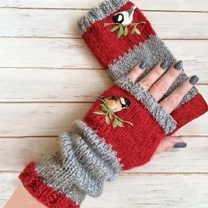 Vintage Bird Embroidered Color Block Half Finger Knit Gloves