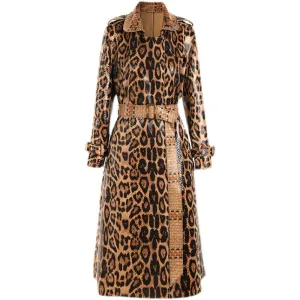 Vintage Leopard Trench For Female Lapel Long Sleeve Gathered Waist Colorblock Women's Windbreaker Fashion