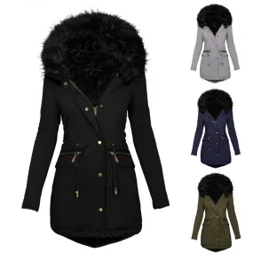 Winter Long Sleeve Faux Fur Hood Mid-length Warm Coat- Parka Snow Jacket