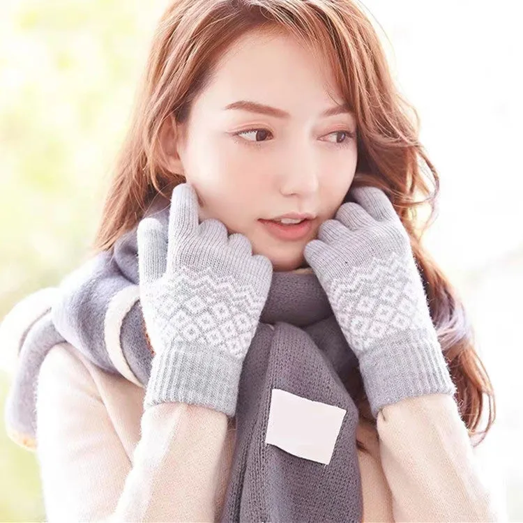 Winter Touch Screen Gloves Women Men Warm Stretch Knit Mittens Imitation Wool Thicken Full Finger Gloves(C-Purple)